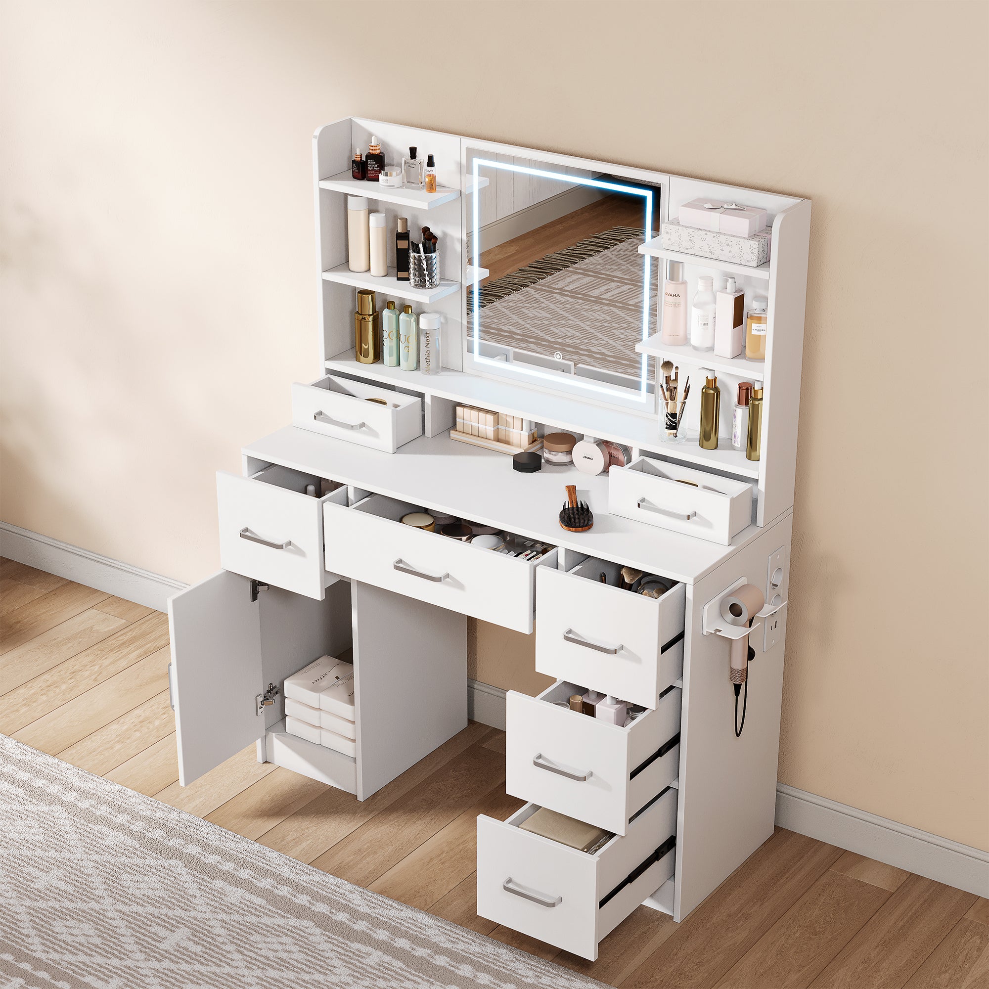 Grande Coiffeuse avec éclairage LED et Miroir, Luminosité Réglable, Coiffeuse avec Prise, 8 Tiroirs et 7 étagère Ouvertes pour Chambre à Coucher Blanc - 7