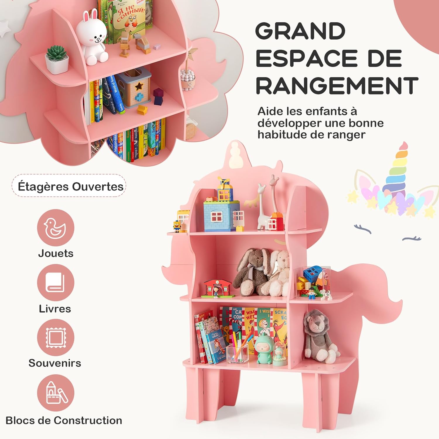 Libreria in Legno per Bambini, Organizzatore di Archiviazione Giocattoli con Ripiani, Adorabile Scaffale con Anti-Ribaltamento per Stanza dei - 5