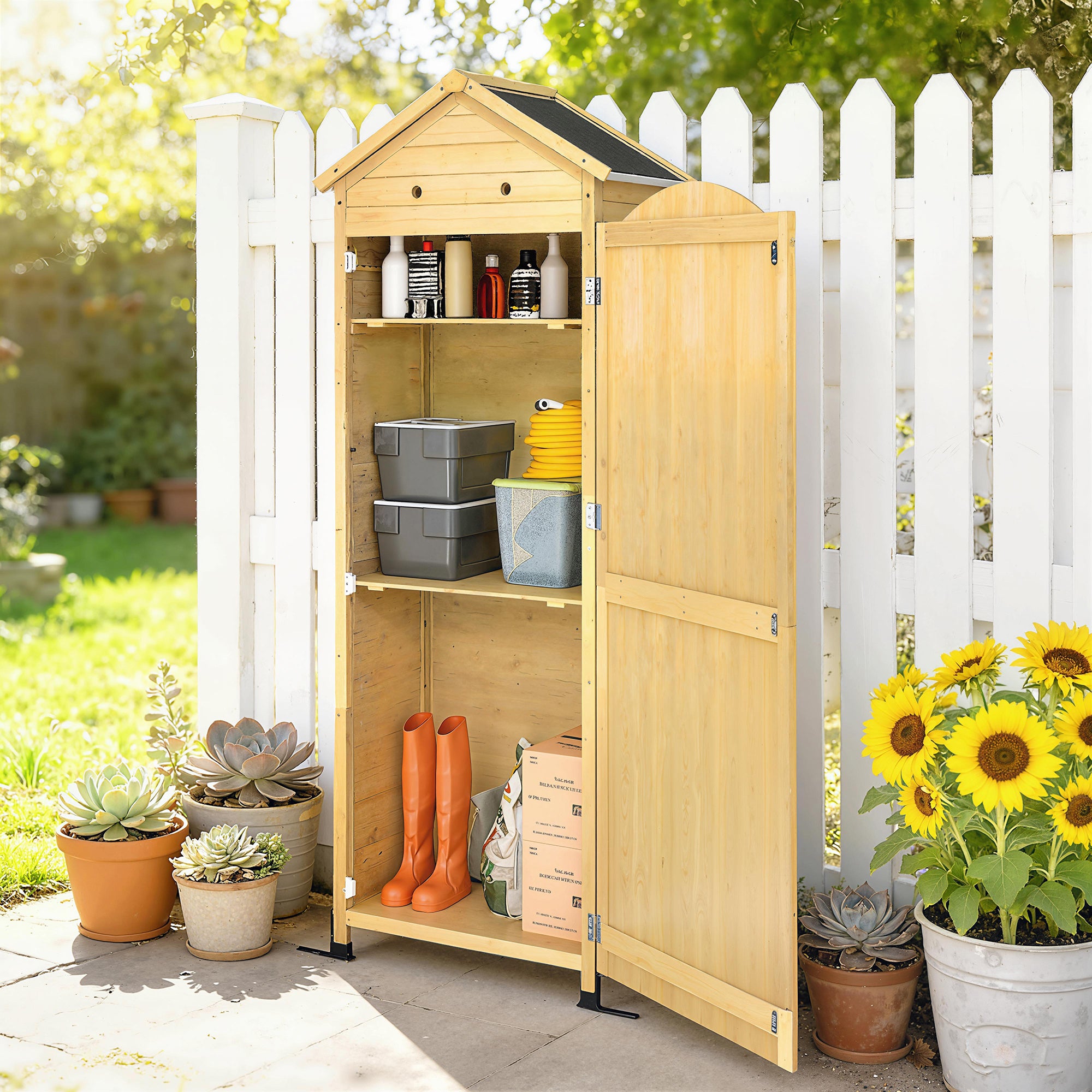 Armoire de Jardin en Bois Toit Acier Galvanisé Texture Gaufrée Étagères Réglables 85x58x213cm Bois Naturel - 4