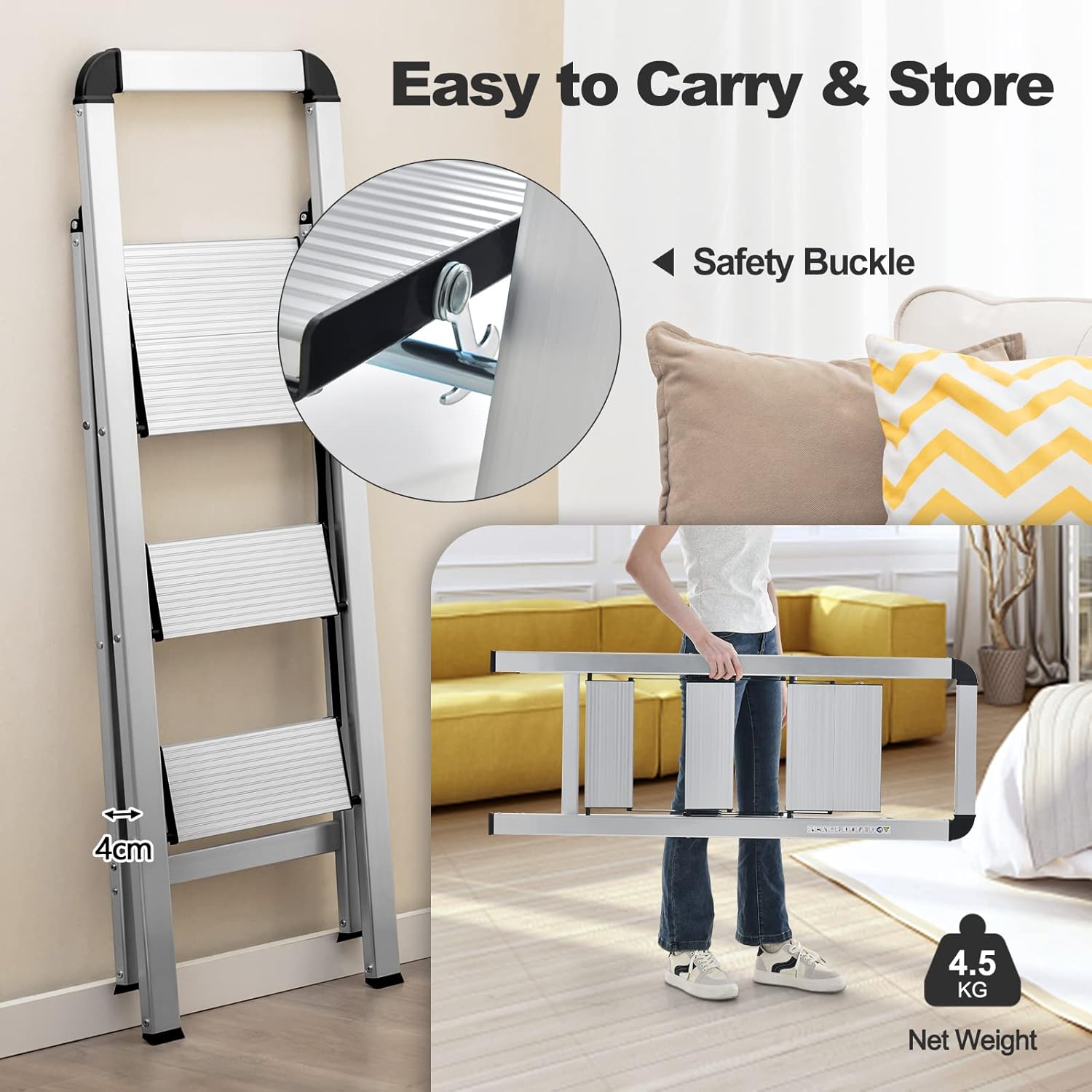 Escabeau Pliable à 3 Marches 62x44x109 cm, Échelle Pliante avec Cadre en Aluminium Robuste et Léger, Marches et Pieds Antidérapants - 4