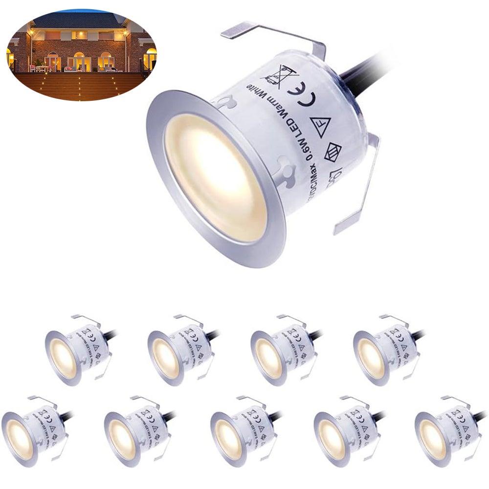 Zestaw 10 lampek LED do oświetlenia tarasu, 12 V, niskie napięcie, wodoszczelność IP67, ciepła biel, do wbudowania w ziemię, do schodów, schodów ogrod