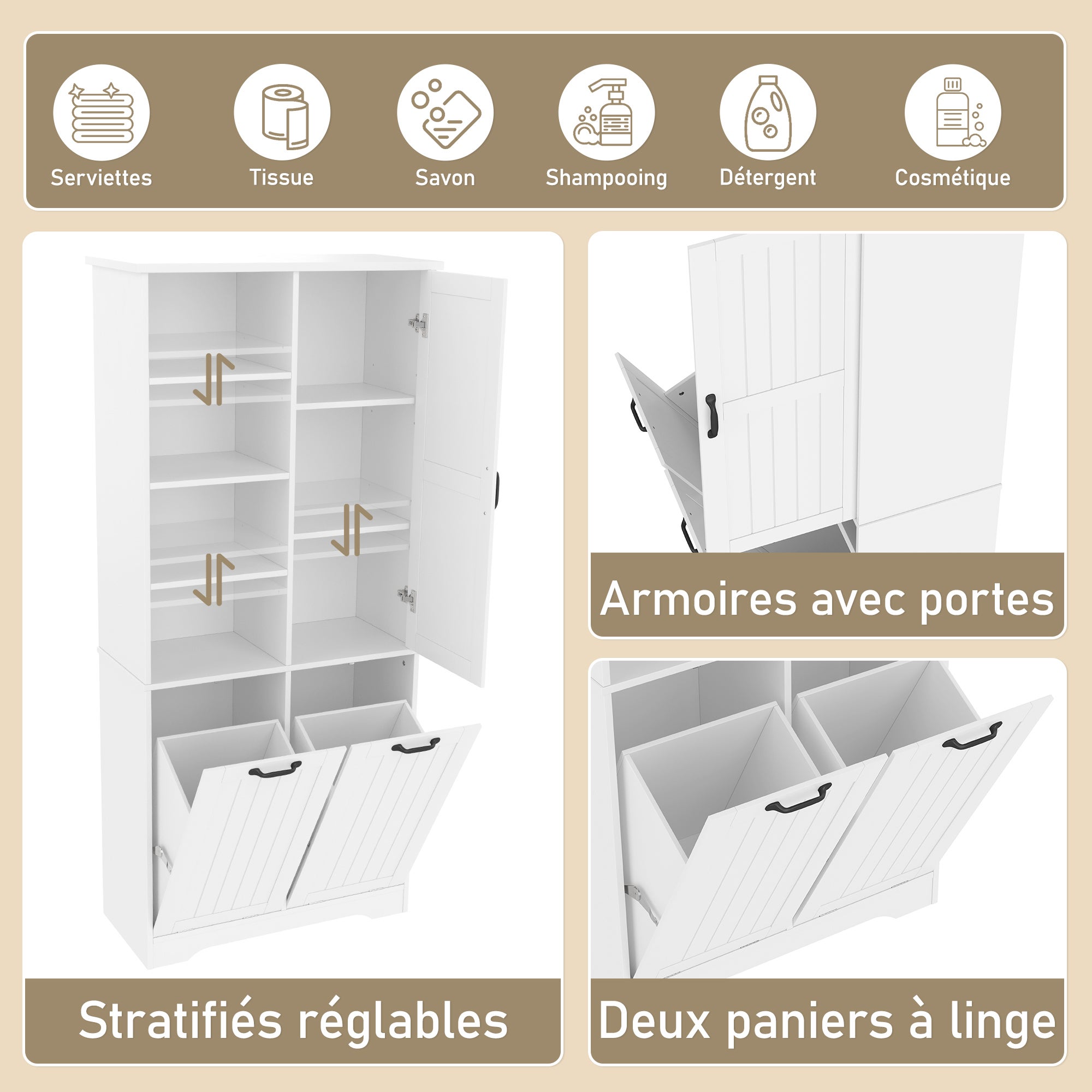 Meuble salle de bain avec 2 panier à linge, Armoire salle de bain avec 4 compartiments ouverts, Meuble colonne MDF Blanc（78x35x172cm） - 4