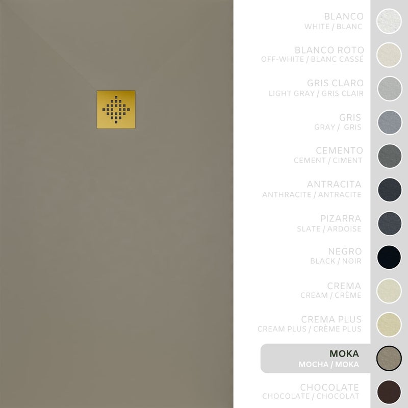 SOULHOME Brodzik prysznicowy– Żywica– Gel Coat– Gładka/Kamienna tekstura – Antypoślizgowy – Moka – 140X75- Niski 3 cm– Ruszt Złoty