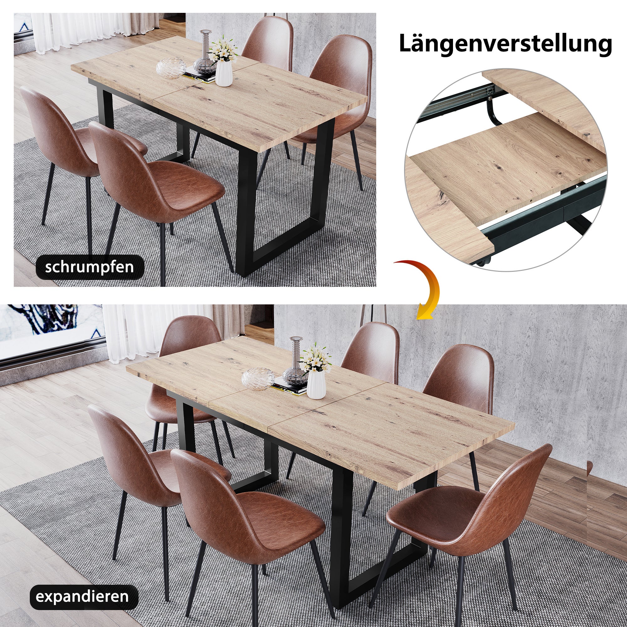 Table à manger extensible 2 à 6 couverts en Panneaux de particules et métal - 140/180 x 80 x 75 cm - Naturel et noir - 2