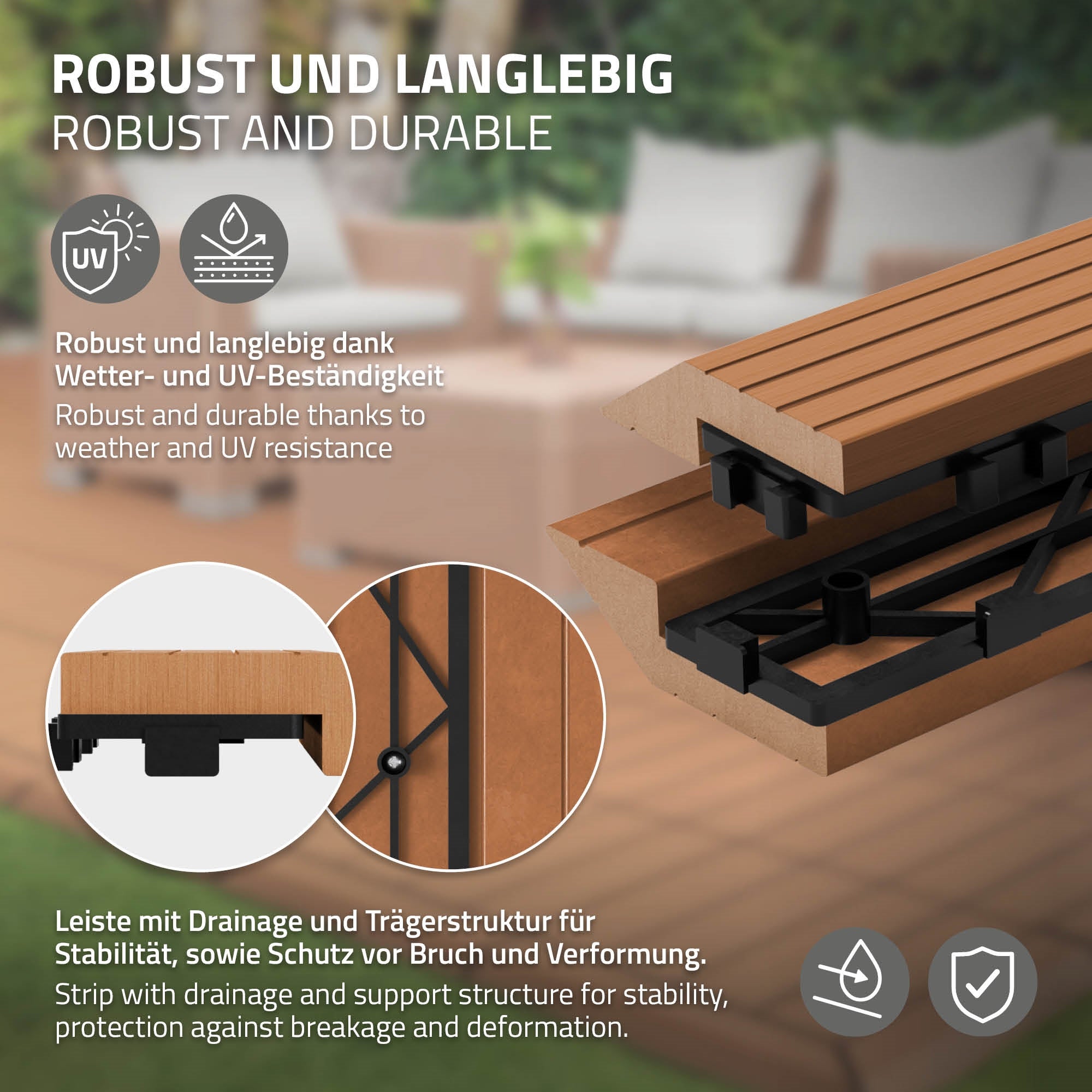 ML-Design listwa prosty wpc jasnobrązowy 38x2x7,5 cm profil drewnopodobny ryflowany z odpływem wzmocniona baza system klik obróbka krawędzi - 3