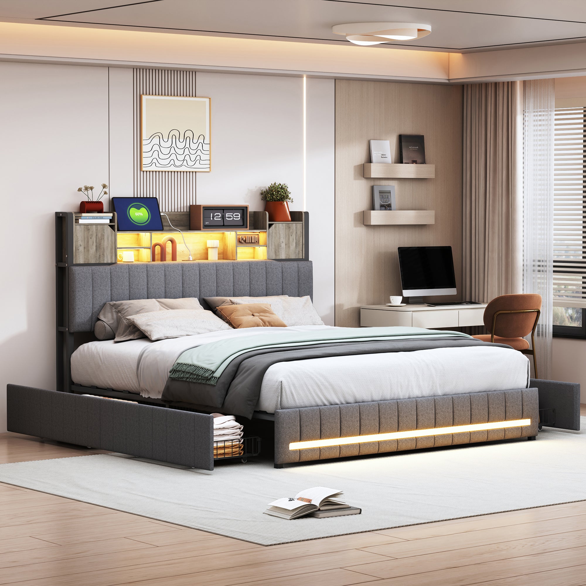 Letto contenitore imbottito - 90 x 200 cm - con LED - testiera contenitore e USB - velluto - beige