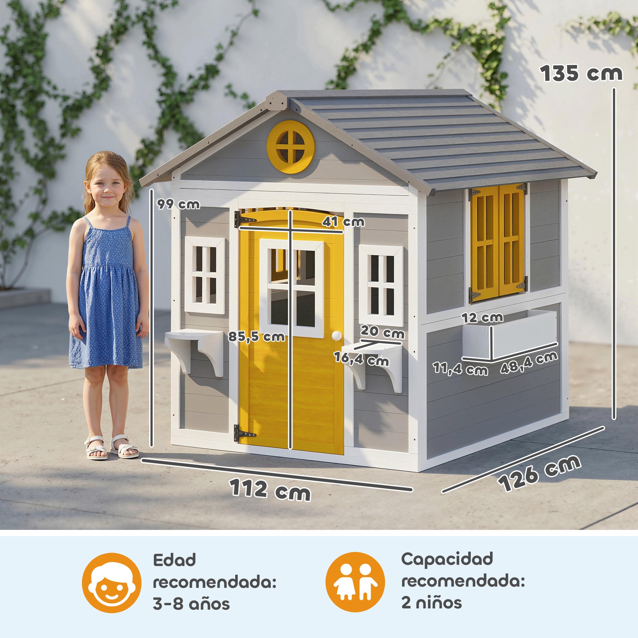 Casa de Madeira Infantil Outsunny Madeira de Abeto Cinzento 112x126x135 cm - 3