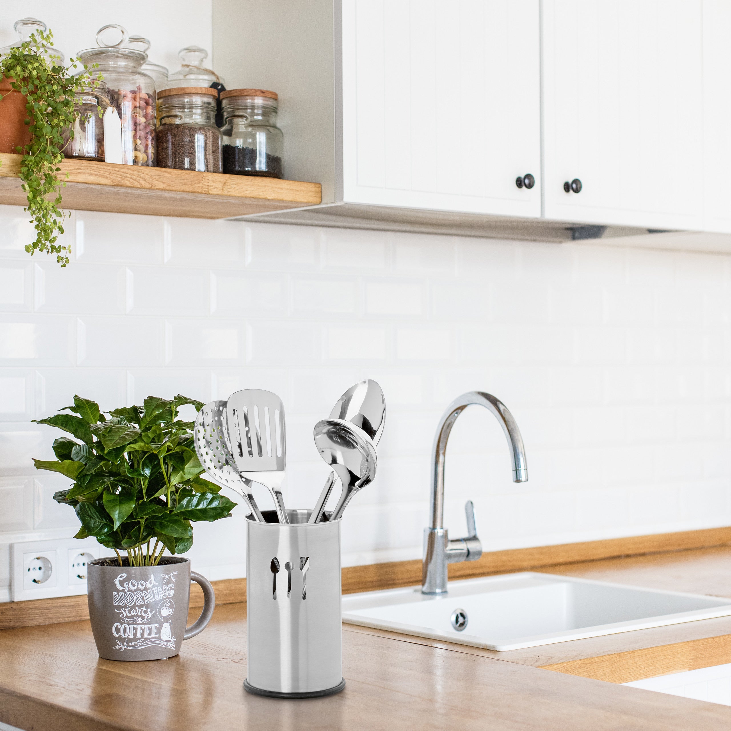 Jadin Porta Mestoli da Cucina, Poggia Mestolo Cucina, Porta Utensili da Cucina, Cestello Posate in Acciaio Inox con Scolapiatti, 3 Scomparti, Senza Fori, Fissaggio a Parete/ Tavolo, Rimovibile, Nero