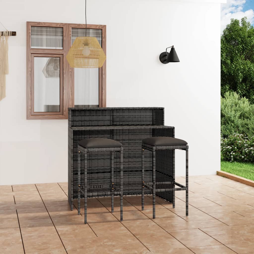 Set Bar Da Giardino VidaXL 3 Pz - Polyrattan Grigio, Con Cuscini - Tavolo E 2 Sgabelli - Foto 8