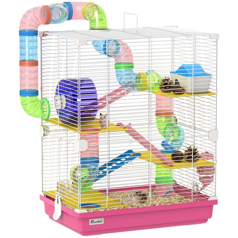 Cage hamster rose 46x30x58cm tunnel plateformes gamelle biberon roue ...