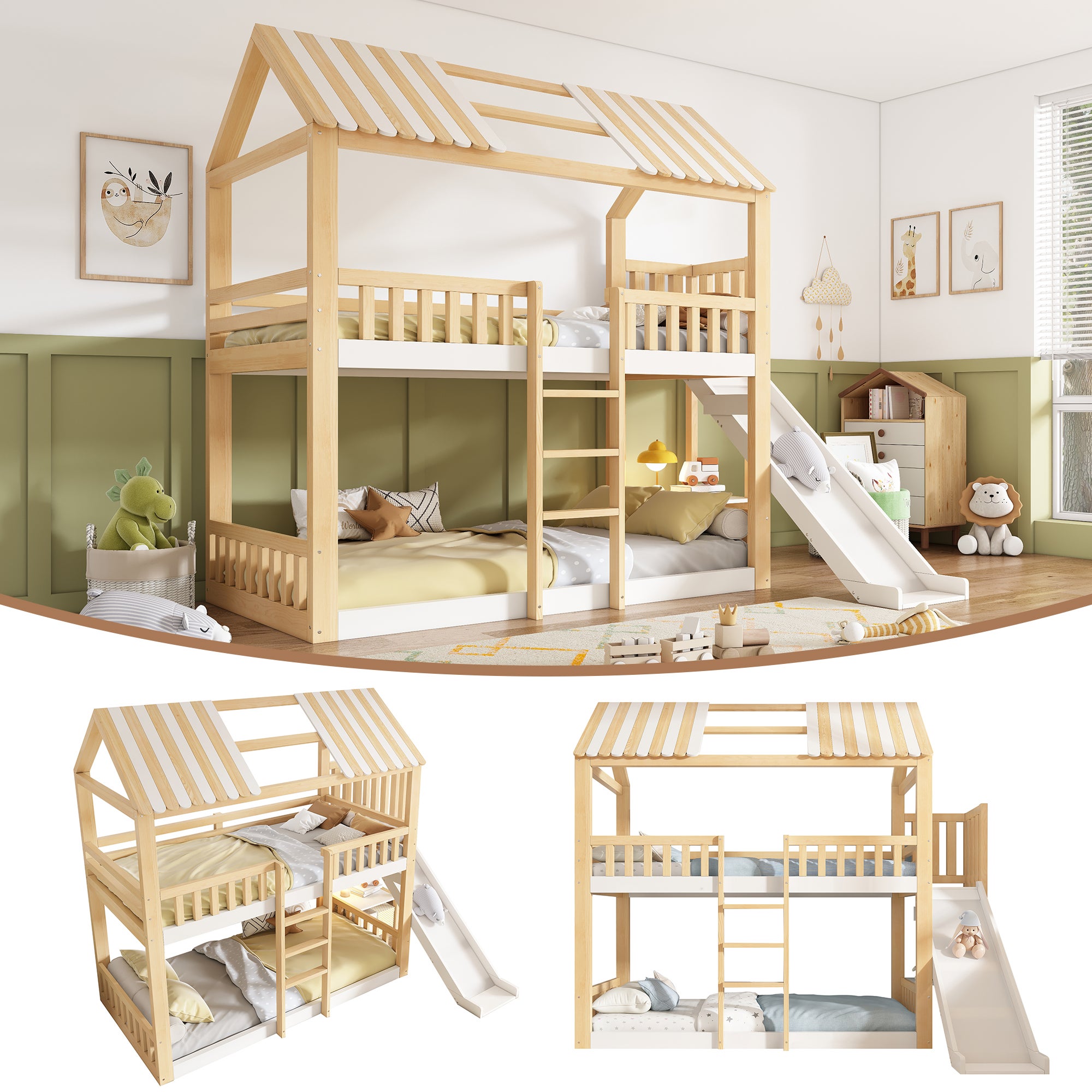 Łóżko piętrowe 2 x 90 x 200 cm ze zjeżdżalnią, dachem dwuspadowym i półką - Drewno sosnowe, płyta MDF i sklejka - Kolor biały i naturalny