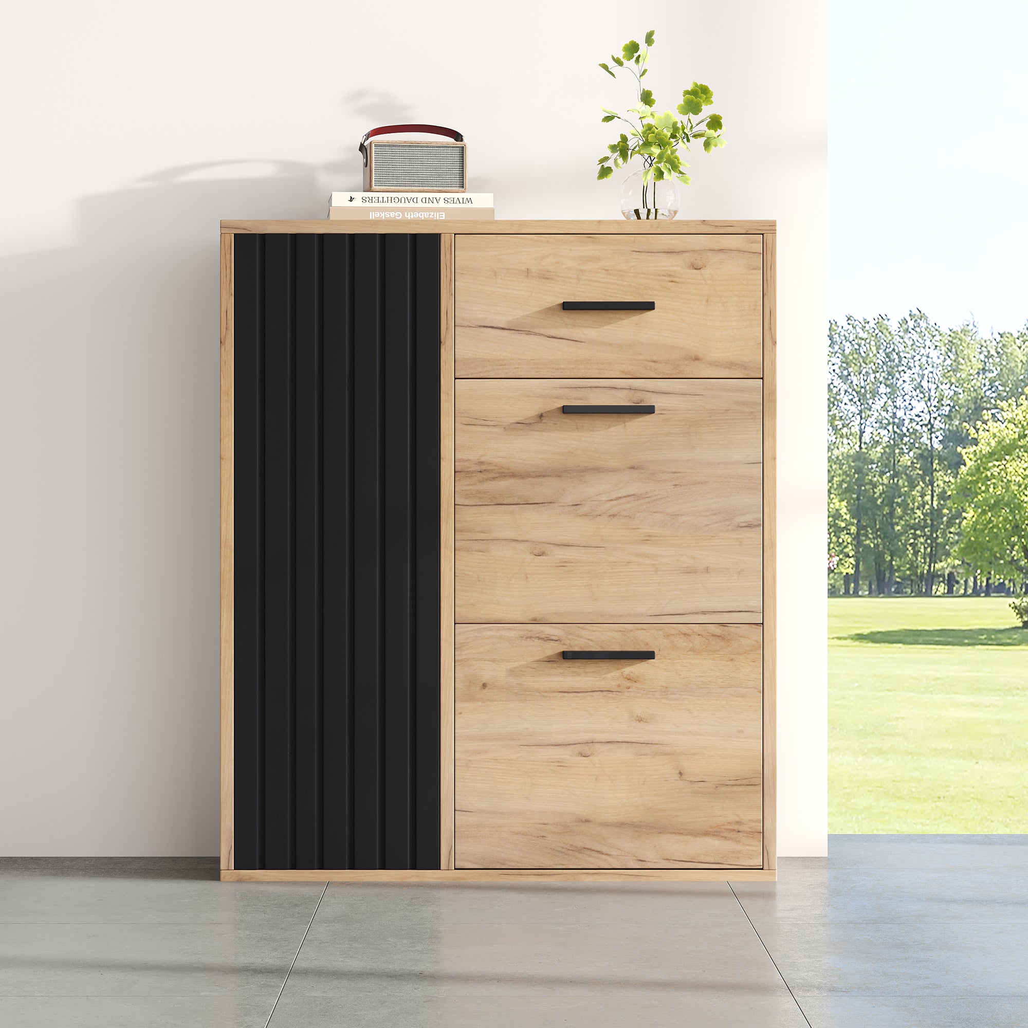 Scarpiera con 3 ante e 1 cassetto - 80 x 24 x 95,5 cm - Truciolato - Naturale + nero - 7