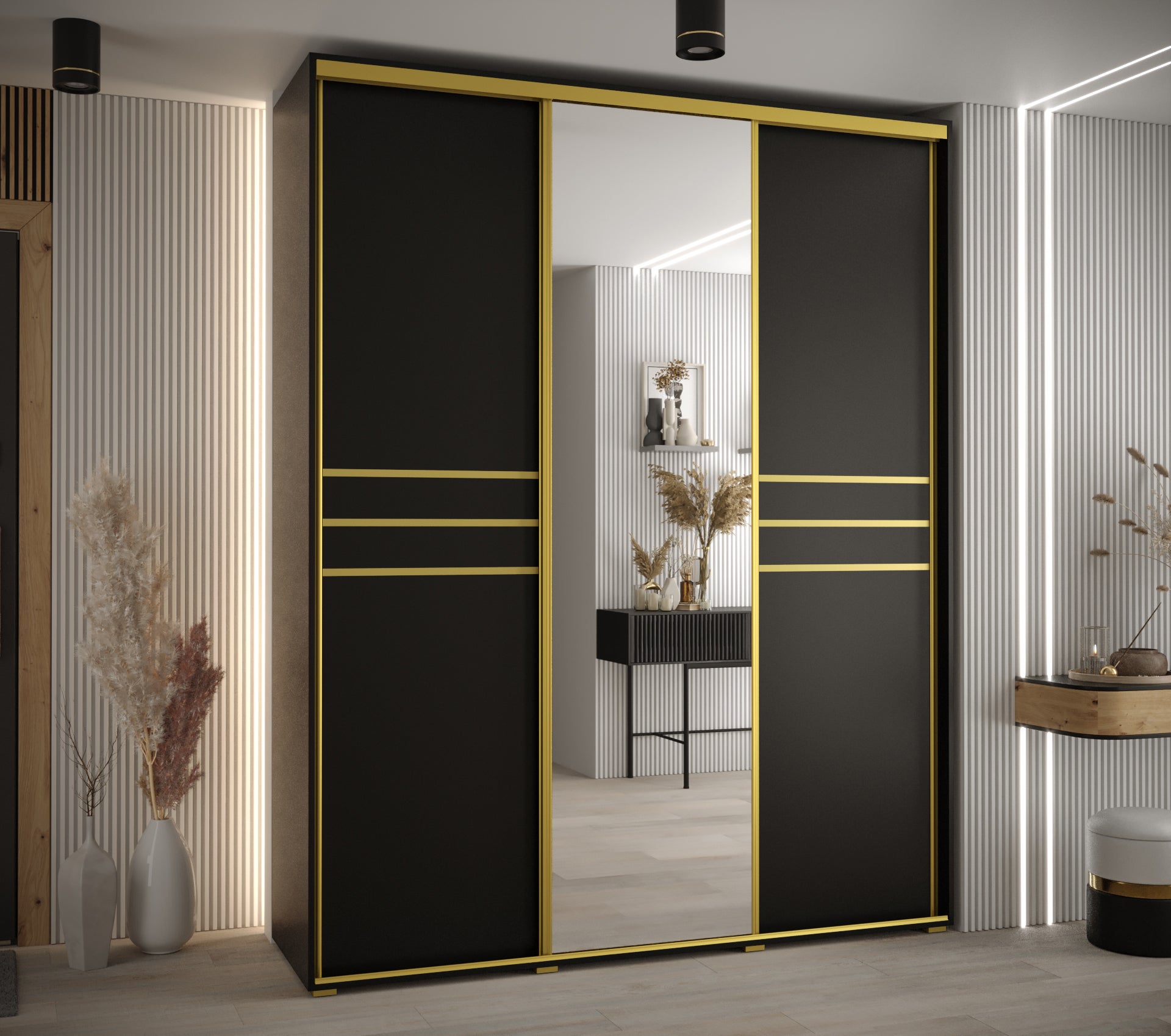 Szafa przesuwna z lustrem wysoka Davos 11 200 x 60 x 235,2 cm czarny + czarny + u. złoty - Abiks Meble - 2