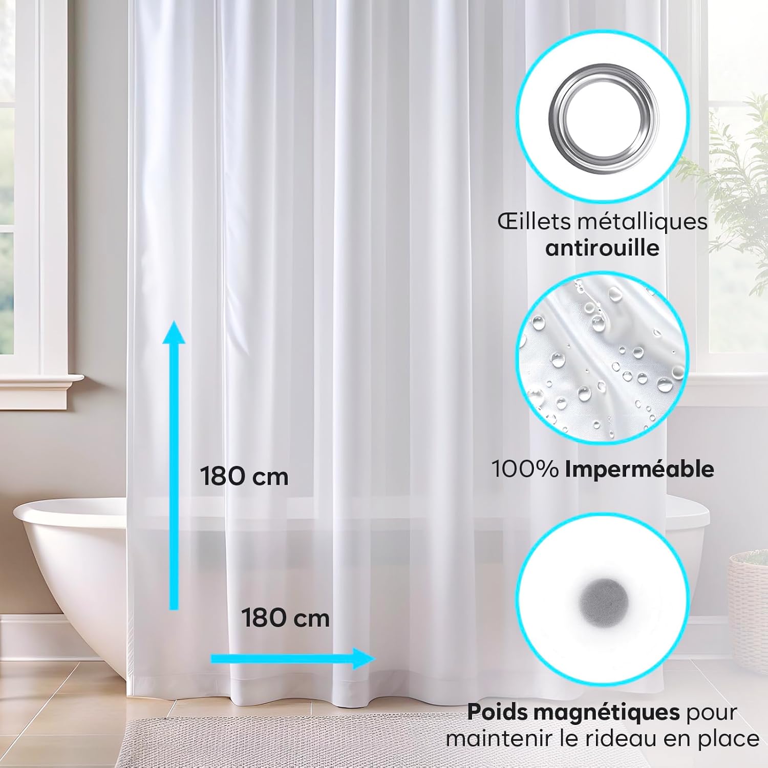 Tenda da doccia trasparente in EVA - Blu - Fodera impermeabile - con 3 magneti - per bagno - 180 cm x 180 cm | Leroy Merlin