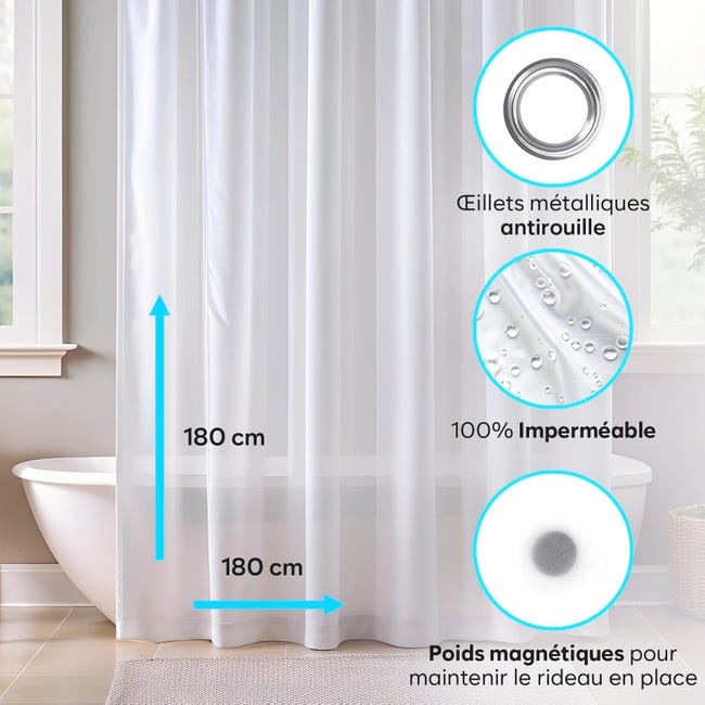 Tenda da doccia trasparente in EVA - Blu - Fodera impermeabile - con 3 magneti - per bagno - 180 cm x 180 cm | Leroy Merlin Tenda da doccia trasparente in EVA - Blu - Fodera impermeabile - con 3 magneti - per bagno - 180 cm x 180 cm | Leroy Merlin