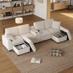 Canapé d'angle en velours côtelé,2 poufs,rangement,table basse,2 porte- gobelets,1 port USB,2 prises de courant,2 ports Type-C;beige | Leroy Merlin Canapé d'angle en velours côtelé,2 poufs,rangement,table basse,2 porte- gobelets,1 port USB,2 prises de courant,2 ports Type-C;beige | Leroy Merlin
