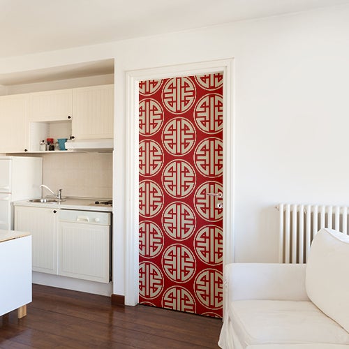 Pegatina de puerta, pegatina pegatina patrón asiático blanco en rojo, 204 cm x 83 cm