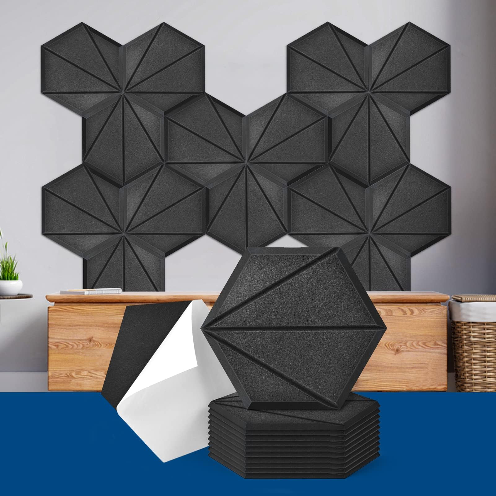 Paquete de 12 paneles acústicos autoadhesivos, paneles acústicos de poliéster de alta densidad, paneles de insonorización hexagonales, negro