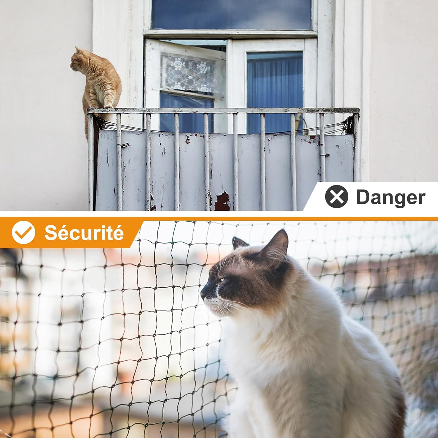 Filet de sécurité renforcé pour balcons, résistant aux morsures, aux déchirures et aux UV - 4 x 3 m - mailles de 2,5 cm - 4