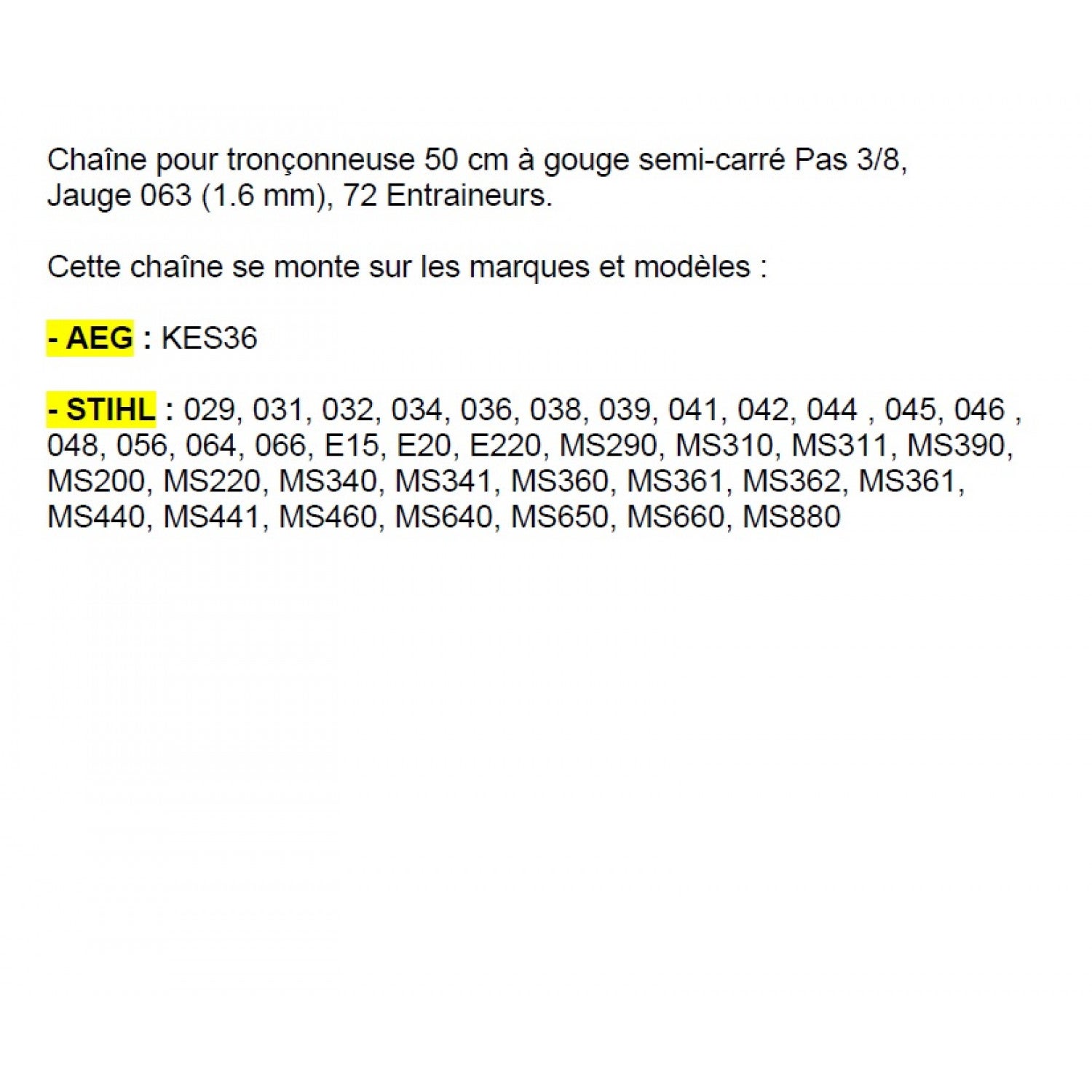 Chaîne 50cm pour tronçonneuse 3/8-063-1,6mm-72E correspondance 75DPX072 - 2