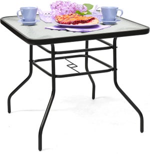 Table de Jardin Carrée 80x80x70,5CM-Plateau en Verre Trempé à Eau avec Trou de Parasol-Charge 75KG-pour Terrasse/Balcon