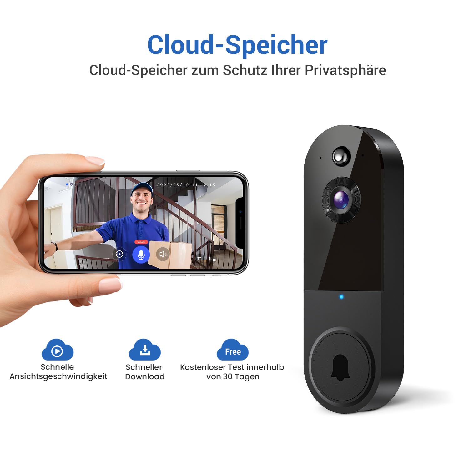 Sonnette vidéo sans fil 1080p avec stockage cloud, audio bidirectionnel, détection de présence humaine, vision nocturne, Wi-Fi 2,4 GHz, alertes, noir - 6