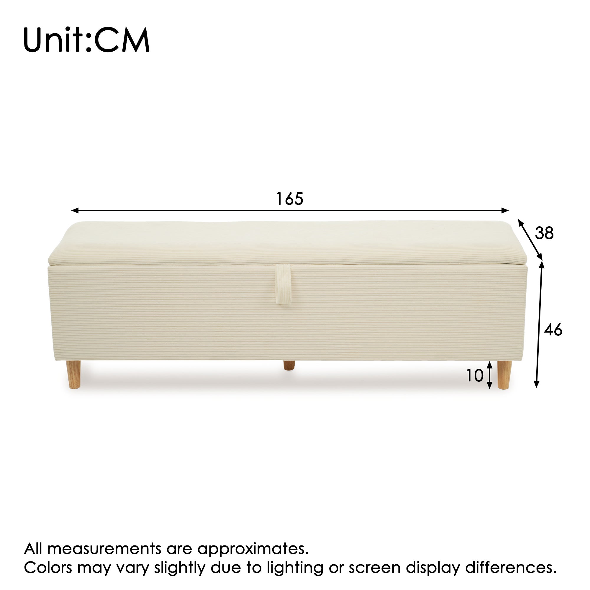 Banc coffre de rangement en velours côtelé, banquette de lit - 165 x 38 x 46 cm - pour chambre, salon et couloir - Beige - 2
