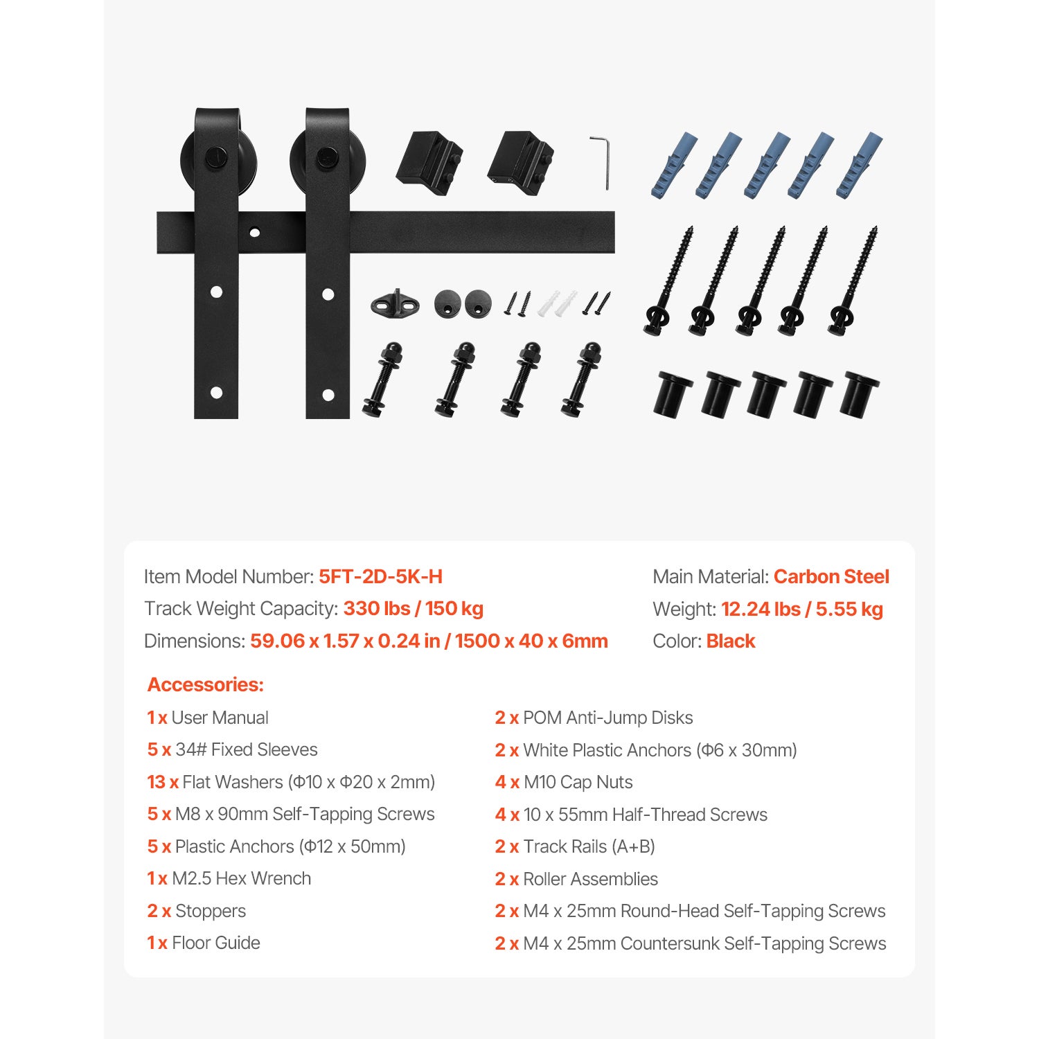 Kit de herrajes SucceBuy para puertas corredizas de granero de 1,5 m (5 pies) de ancho y de 3,5 a 4,5 cm (1-3/8 a 1-3/4