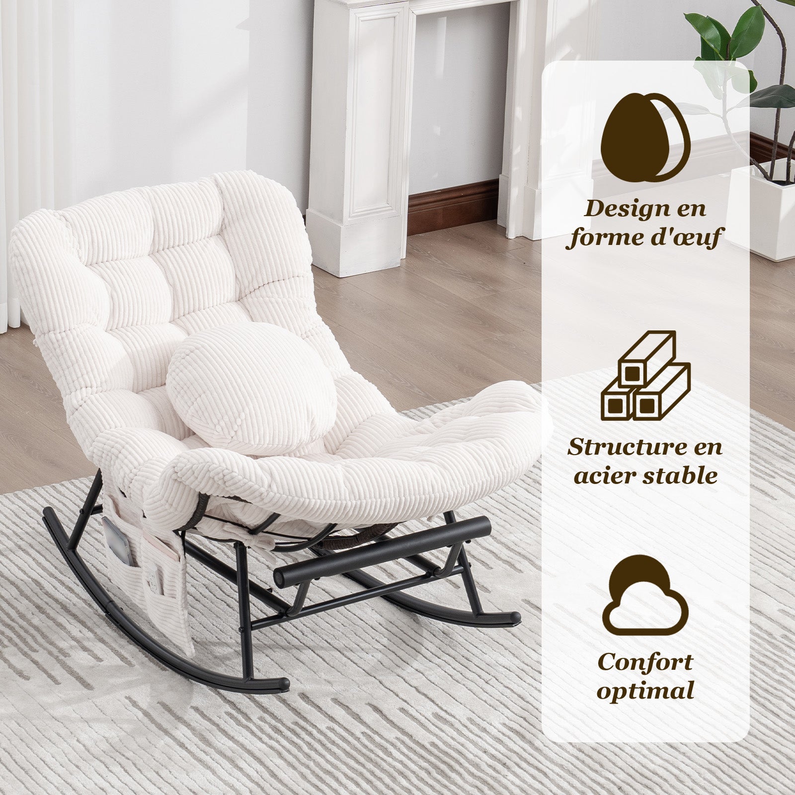 Rockingchair - Fauteuil à bascule avec Repose-Pieds Rétractable - Siège Large et Coussin Offert - 115kg - Pour Jardin, Terrasse, Salon - Cocon Pro - 4