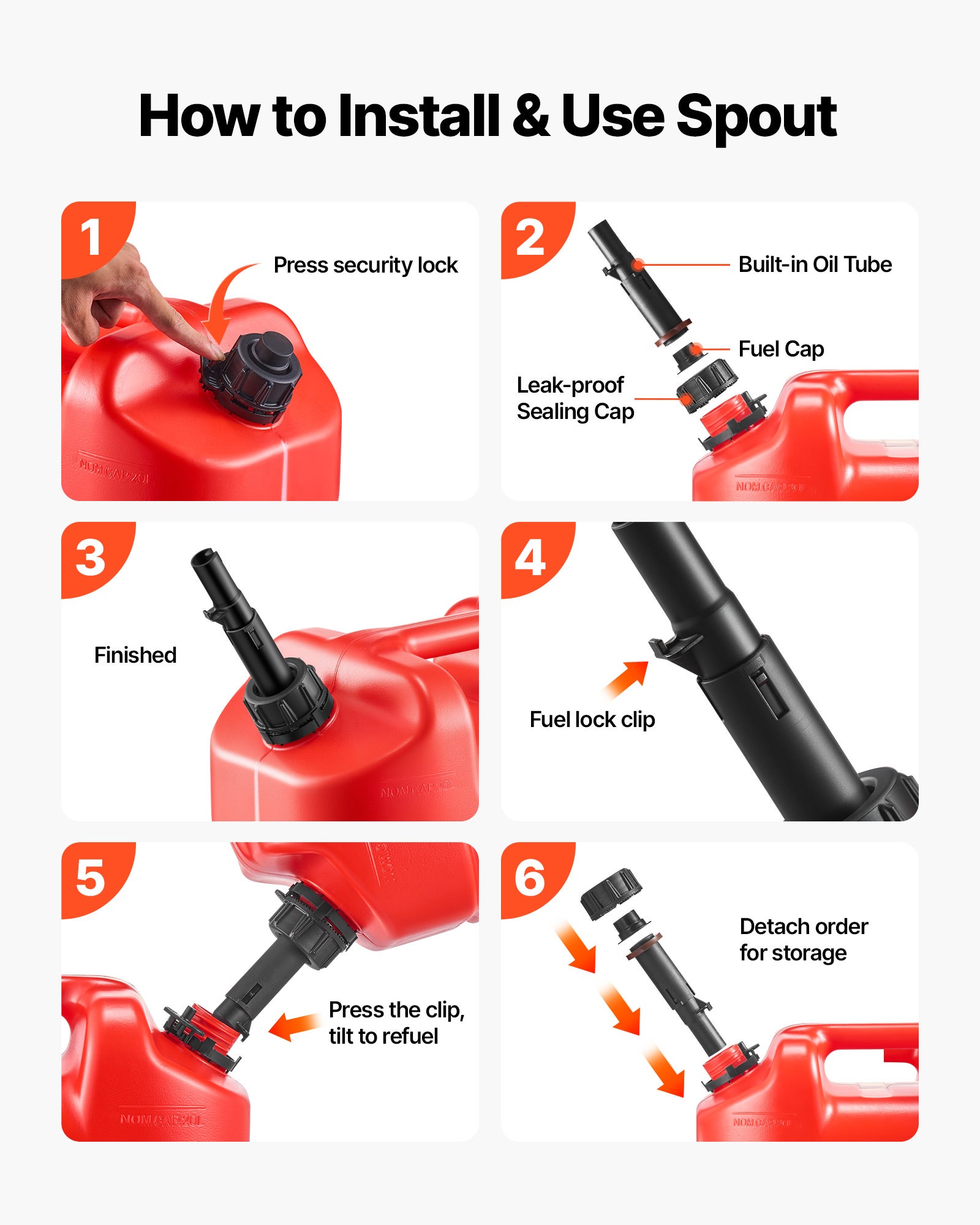 Depósito combustível para gasolina VEVOR 19L, pacote 2, com bocal despejo, caudal máximo 15L/min, para a maioria dos automóveis, motociclos, vermelho - 6