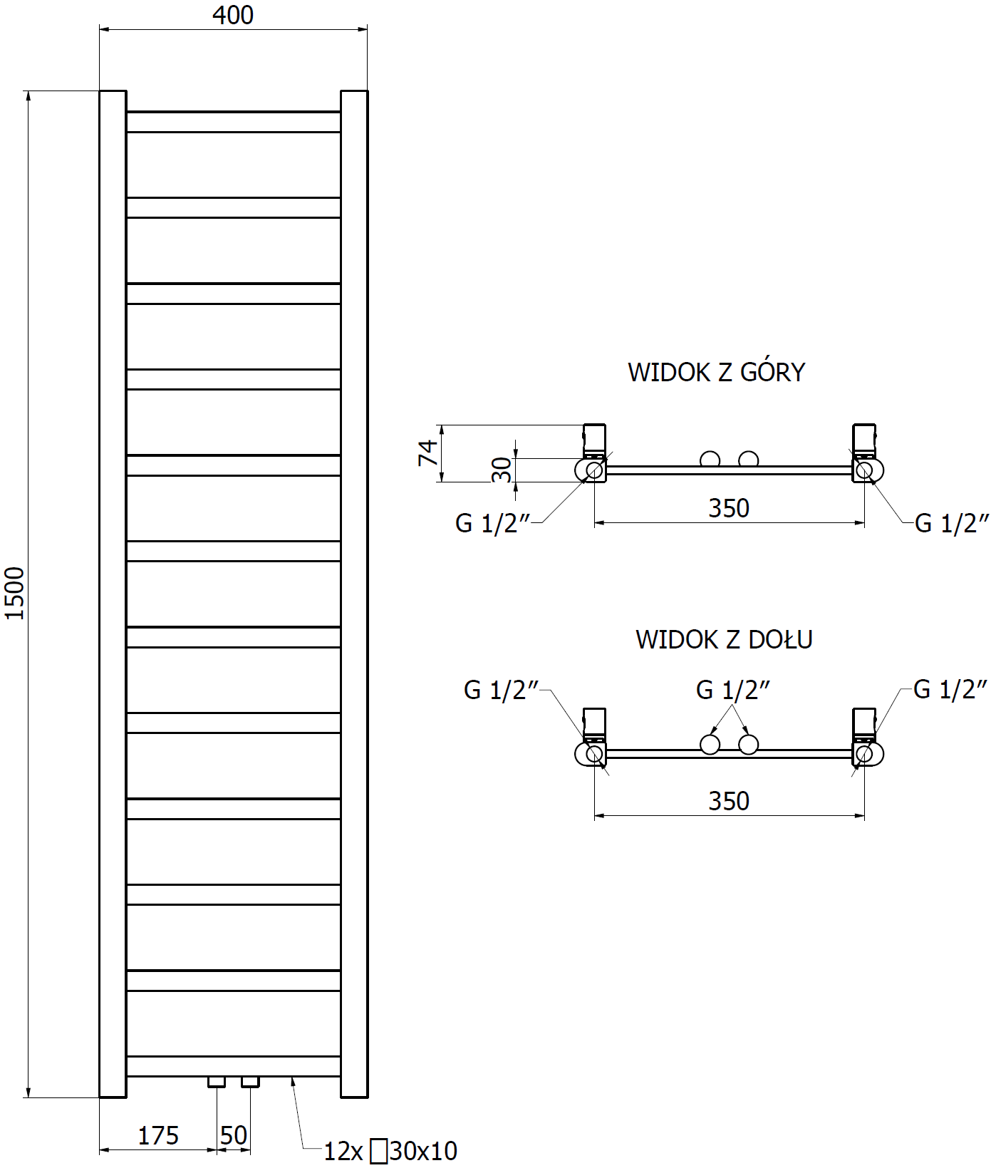 Mexen Bolt grzejnik łazienkowy 1500 x 400 mm, 342 W, czarny - W126-1500-400-00-70