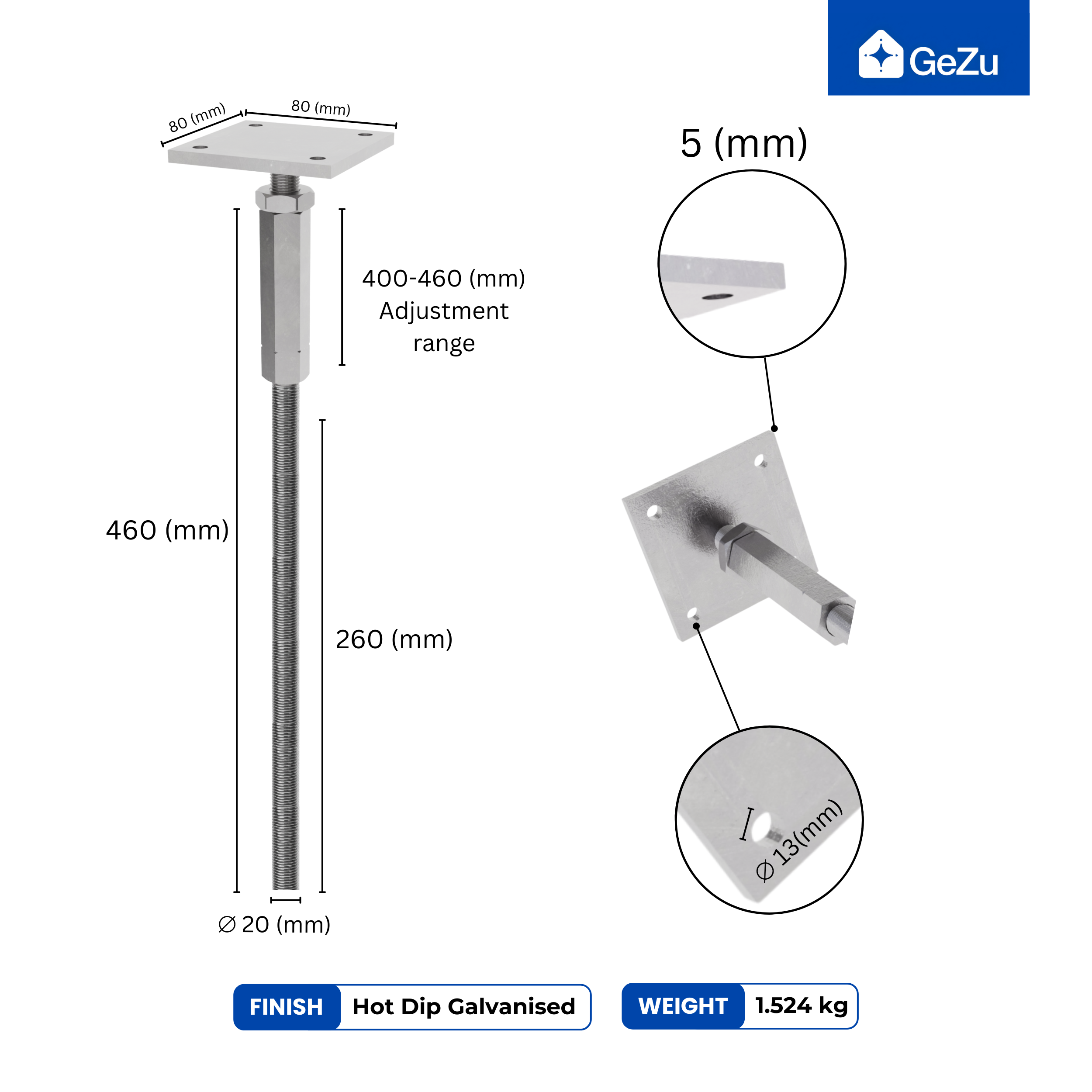 Support de poteau Galvanisé à chaud 80 x 80 mm hauteur reglable platine bois pied poteaux clôture GeZu Impex - 2