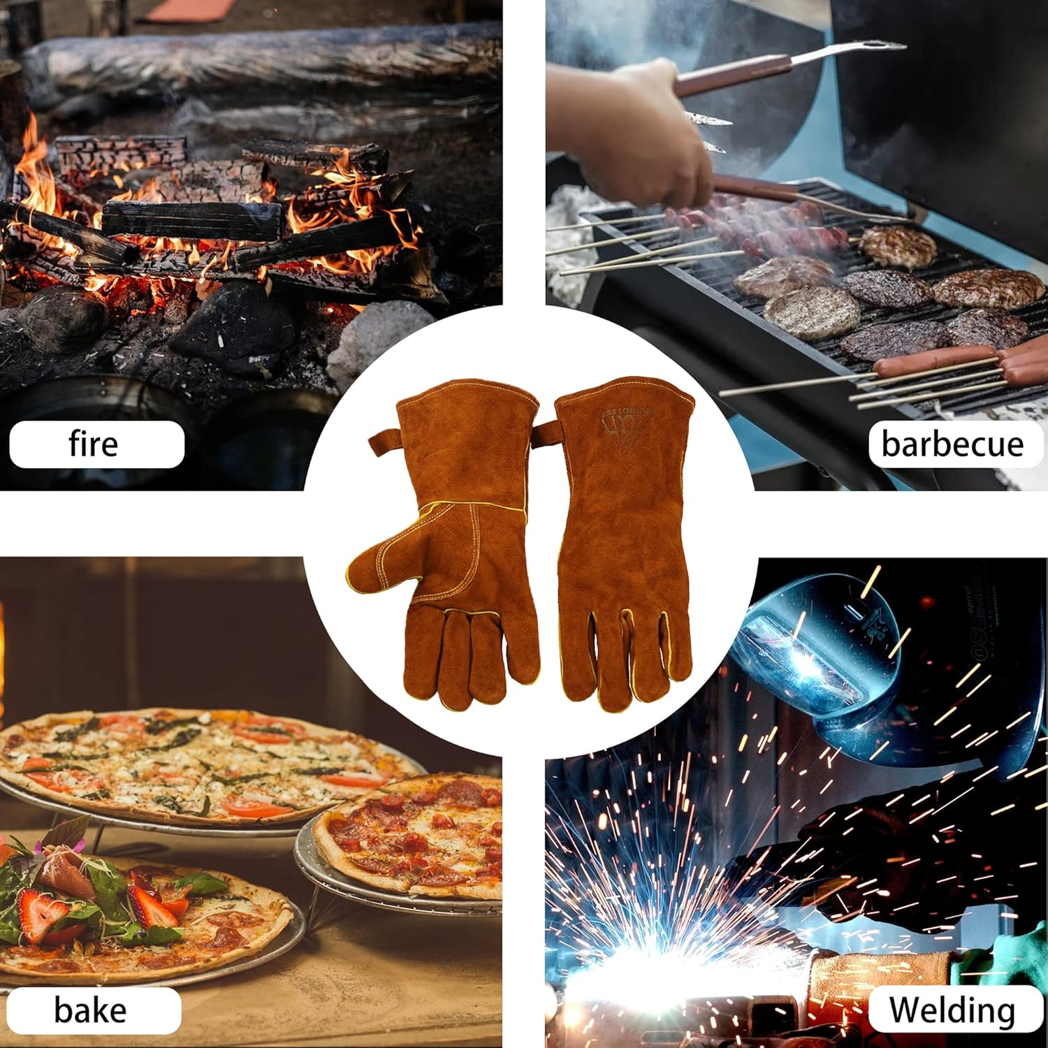 Gants de soudage résistants à la chaleur et au feu en cuir pour cheminée, barbecue, soudure, grill, four, poêle - 4