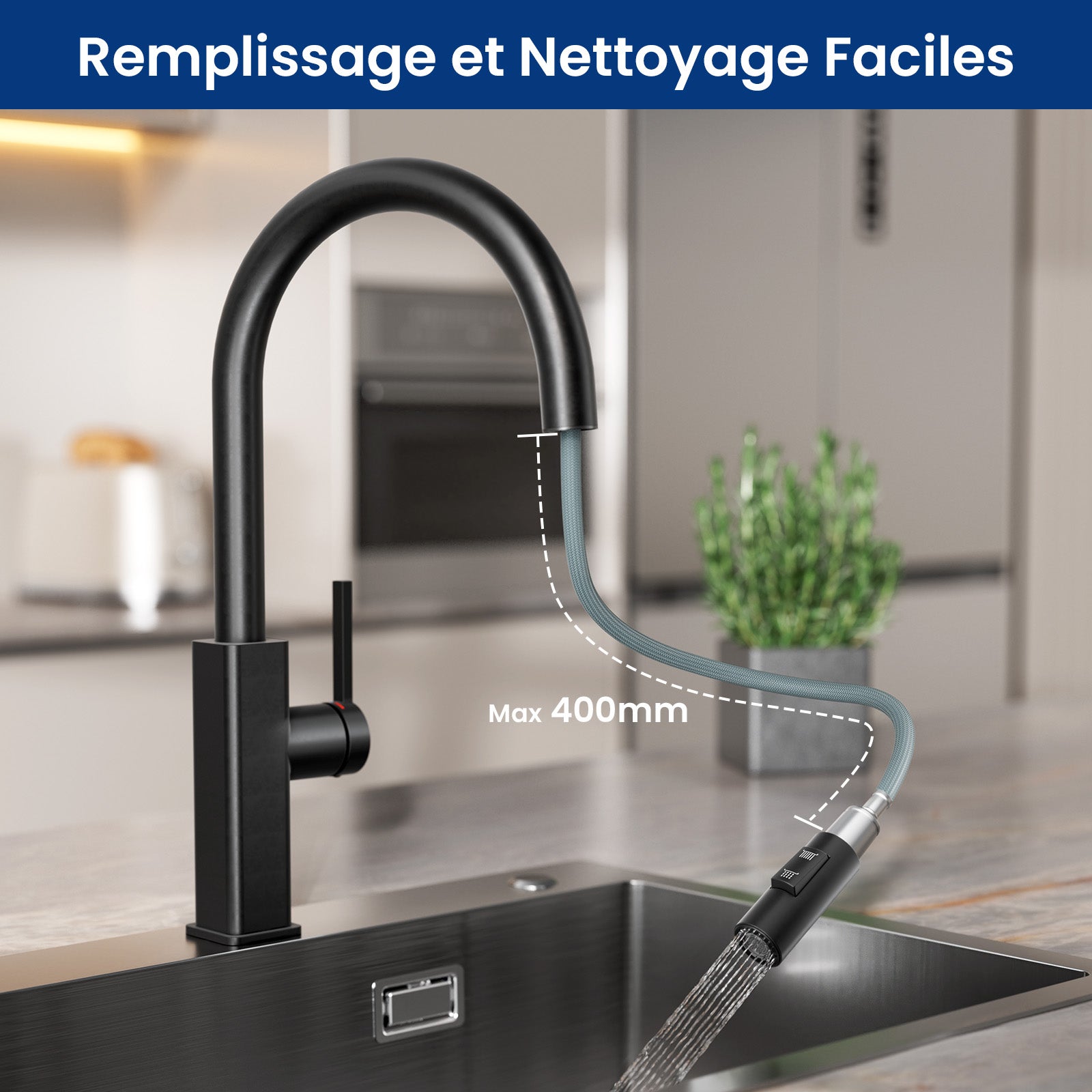 Mitigeur de Cuisine avec Douchette Extractible, Robinet de Cuisine en Inox, Robinet Douchette pour Cuisine Noir - 5