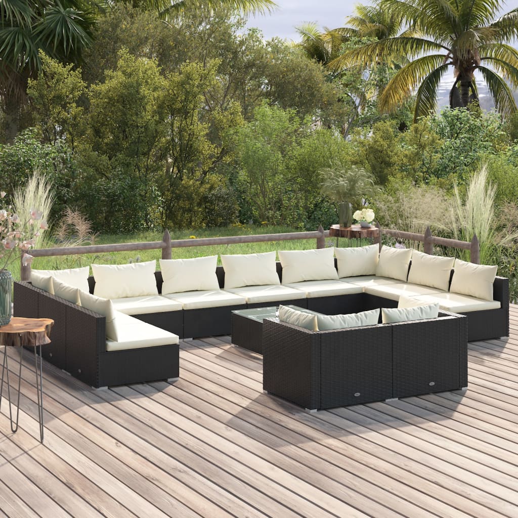 VidaXL Set Divano Da Giardino 8 Pezzi In Polyrattan Nero Con Cuscini Crema - Angolare, Sgabelli E Tavolino