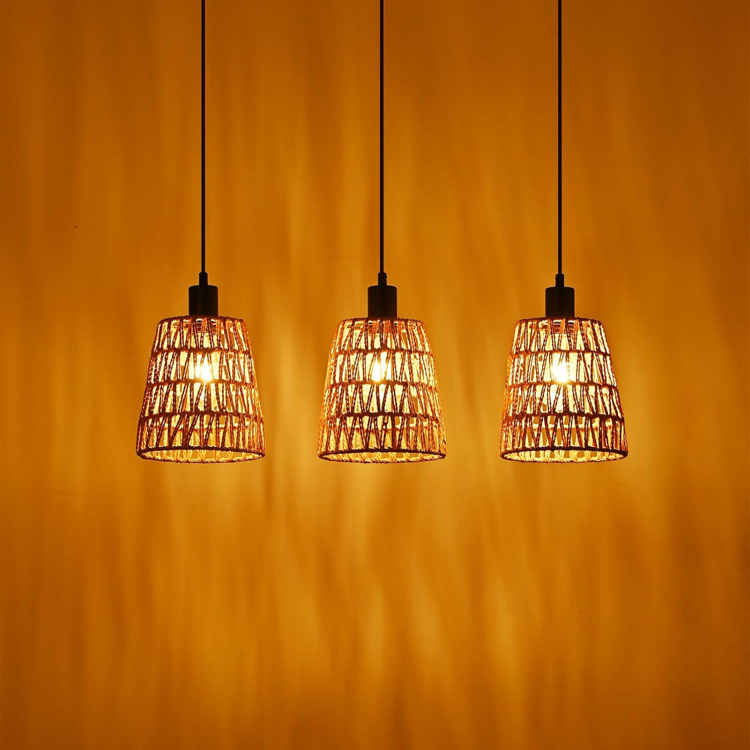 Lampa wisząca Nettlife Boho Rattan z 3 żarówkami – żyrandol z plecionej liny konopnej w stylu vintage, E27 (żarówki nie są dołączone) - 8
