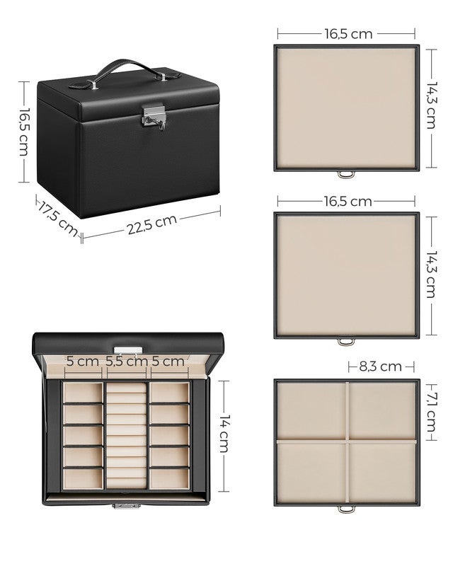 Boîte à Bijoux 4 Niveaux, avec Poignées, 3 Tiroirs, Miroir, Serrure, Rangement Bijoux pour Voyages, Surface Noir d'Encre, Doublure Beige Sable - 5