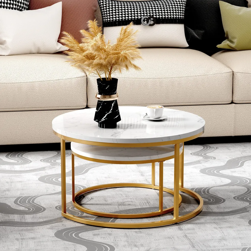 Table basse gigogne ronde, lot de 2, table basse gigogne blanche, cadre en métal doré, placage de marbre - 3