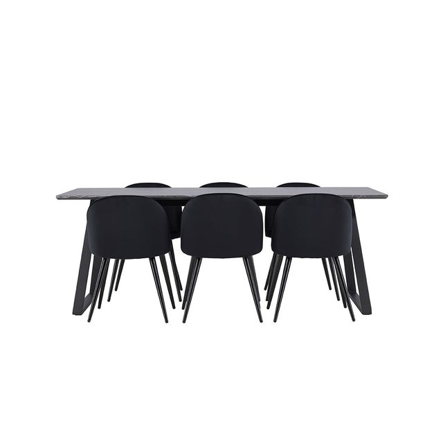 Malaga ensemble pour salle à manger table de salle à manger 90x200cm gris foncé et 6 Skagen chaise velours noir.