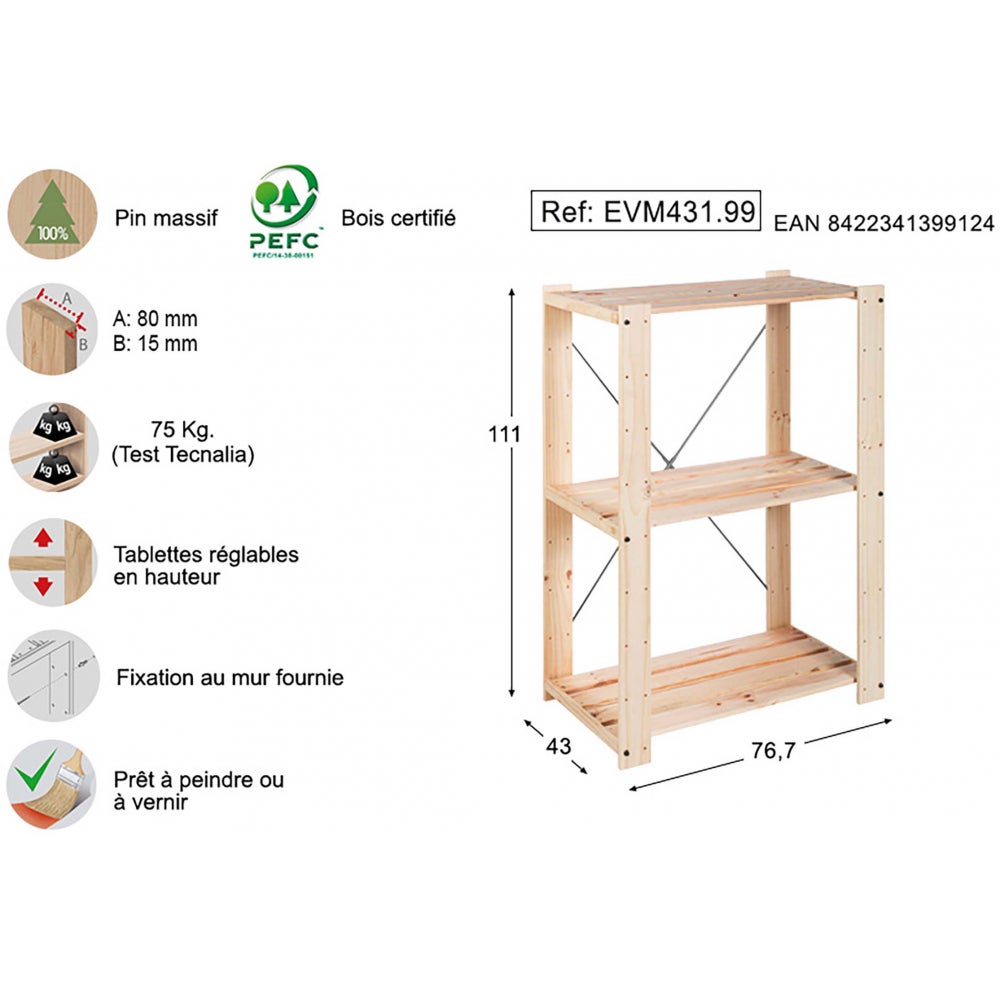 Estante 3 prateleiras evolution 111x76,7x43cm pinho maciço astigarraga - 3