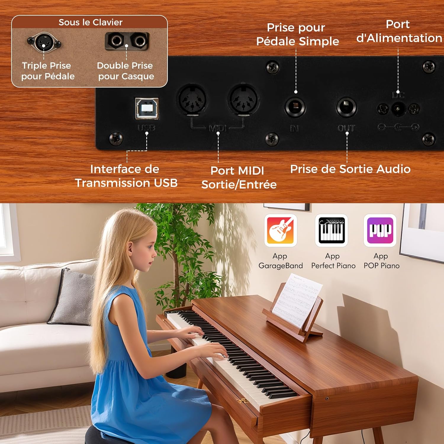 Piano Numérique 88 Touches Pondérées, Triple Pédalier, 2 Haut-parleurs, Casque, Connexion MIDI et Pupitre pour Débutants - 8