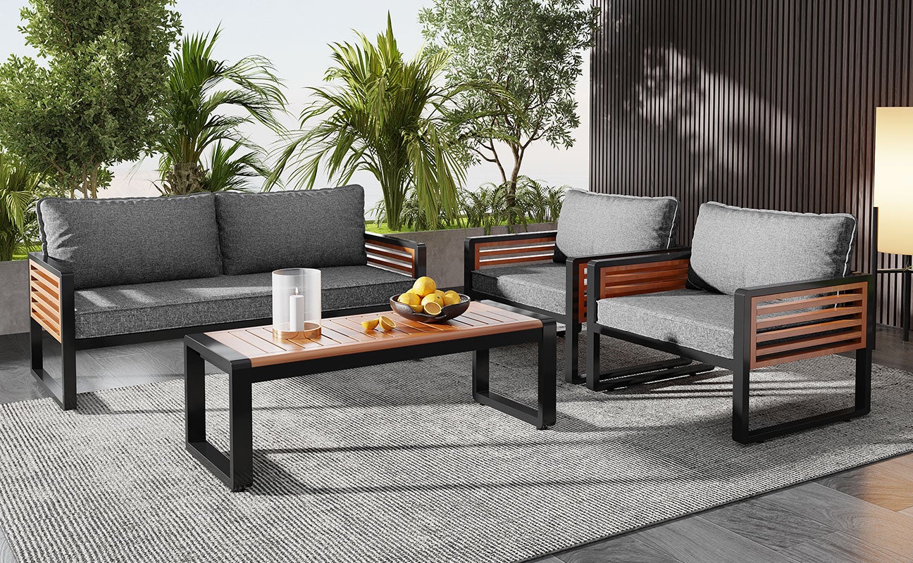 Salon de jardin en fer galvanisé : 1 Canapé 2 places + 2 fauteuils + 1 table basse - Marron et gris - 3