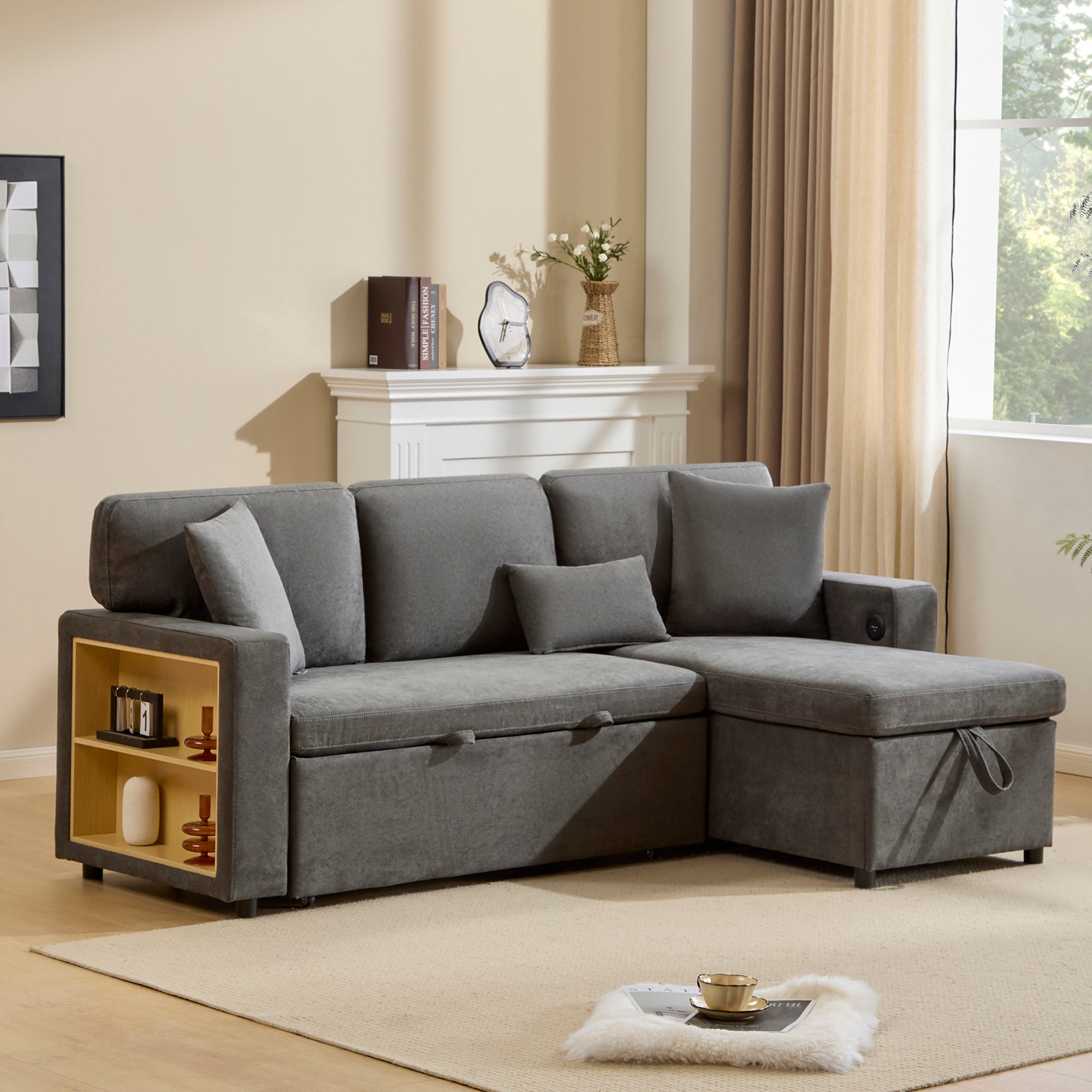 Canapé D'angle 3 Places Modulable - 194x73x81 Cm, Velours, éclairage LED, Ports USB-C, Tabouret De Rangement Mobile, Beige - 2