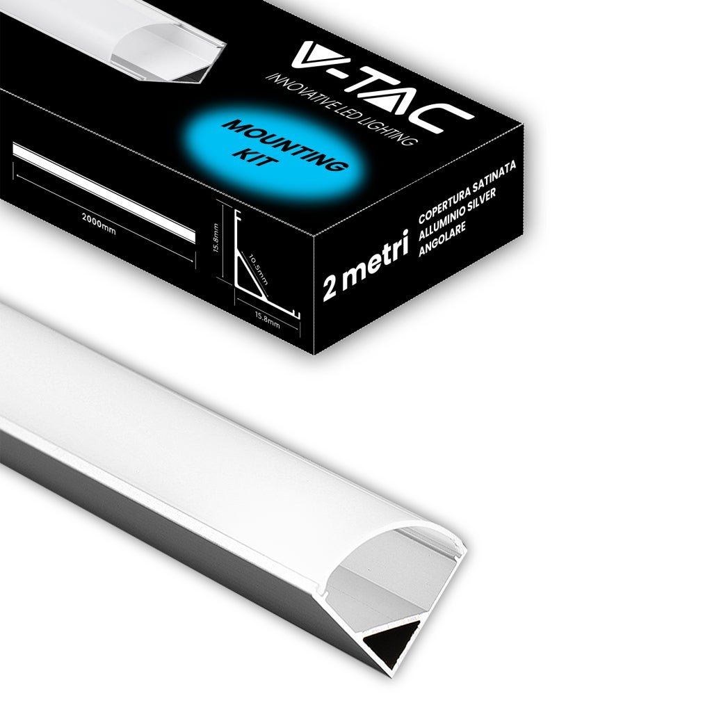 Profilo in Alluminio Angolare Colore Silver per Strip LED (Max l: 10,5mm) Copertura Satinata 2000 x 15,8 x 15,8mm - 3