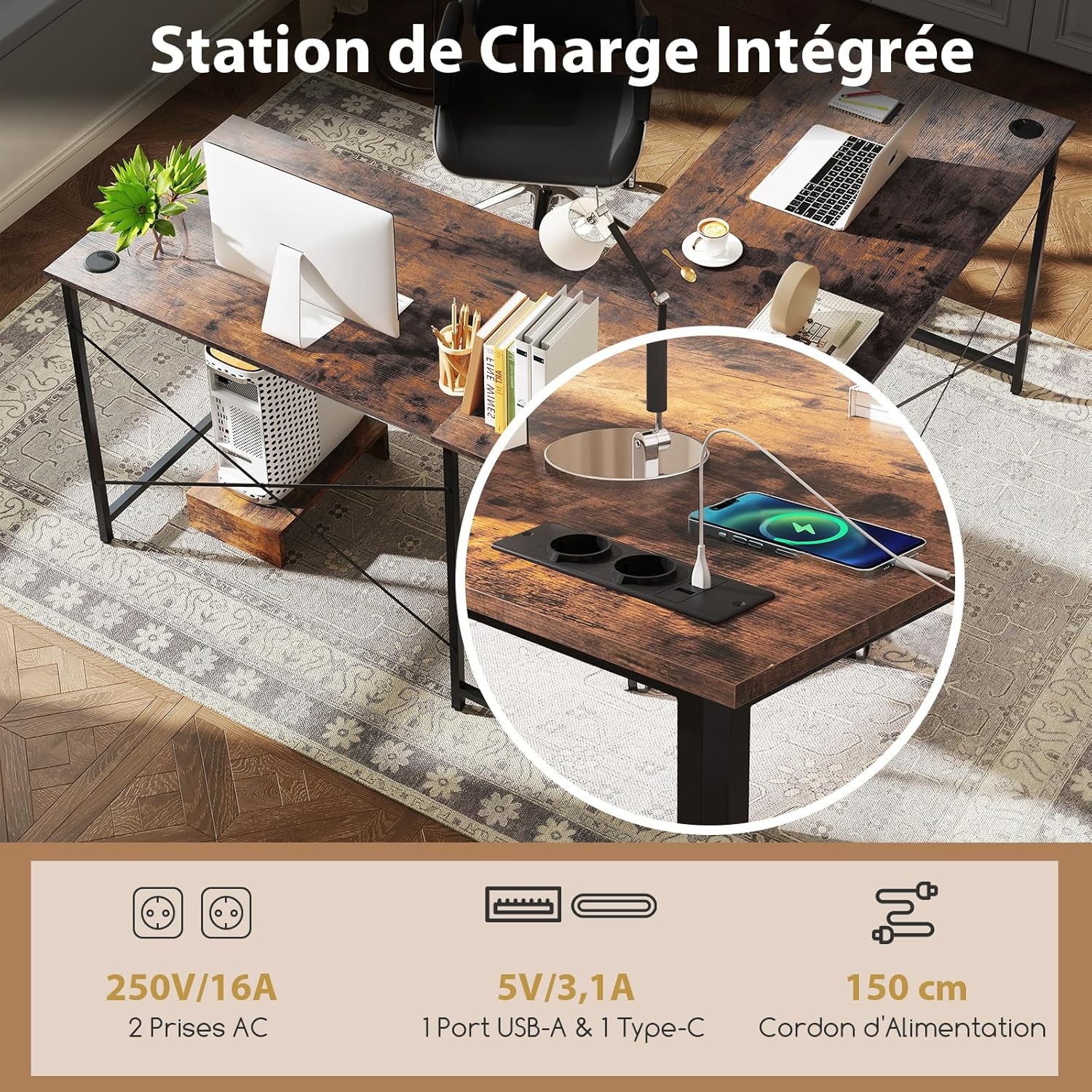 Scrivania Angolare Salvaspazio Reversibile, Scrivania ad Angolo a Forma di L con Presa Integrata, Supporto per Host e Fori per la Gestione dei - 6