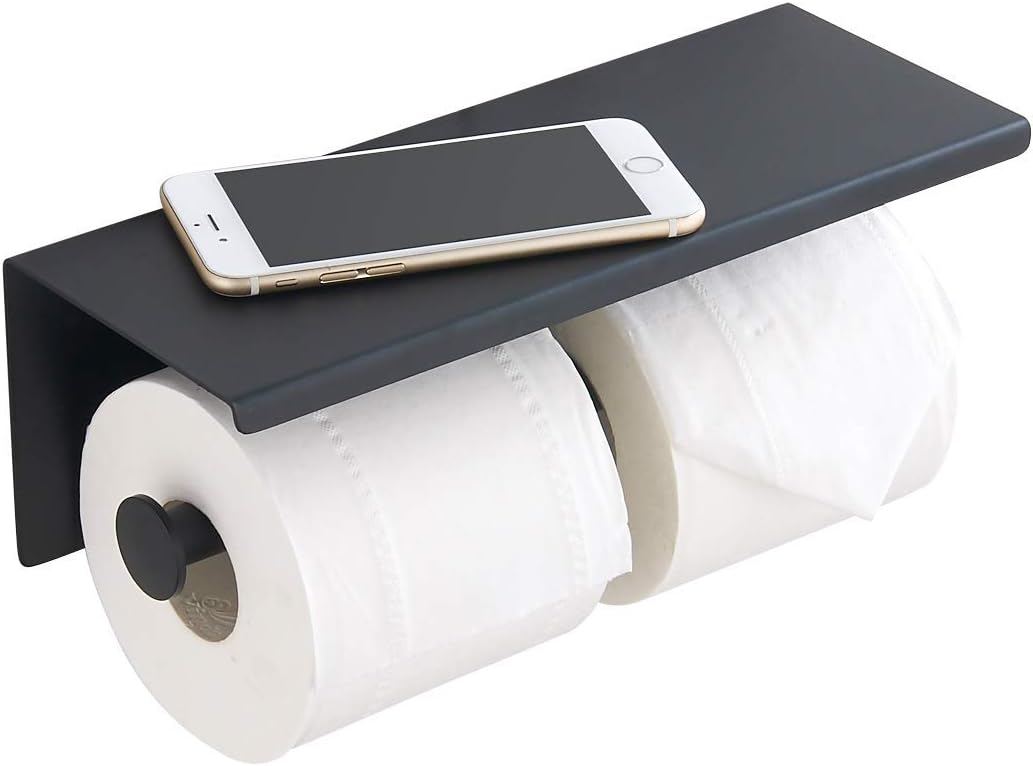 Uchwyt na papier toaletowy ze stali nierdzewnej z półkami, montowany na ścianie w łazience (czarny, dwustronny)