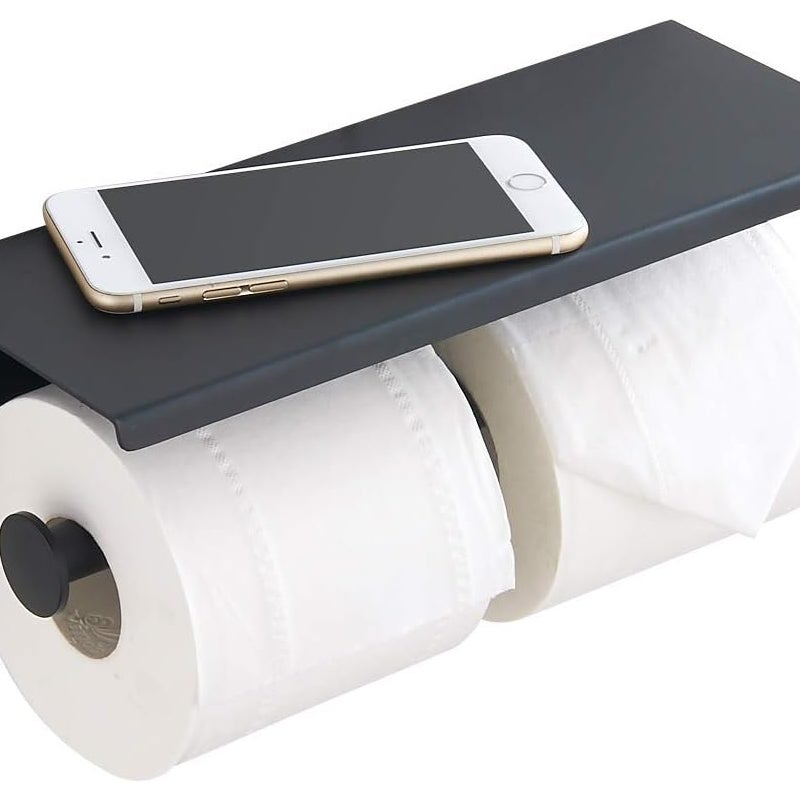 Uchwyt na papier toaletowy ze stali nierdzewnej z półkami, montowany na ścianie w łazience (czarny, dwustronny)