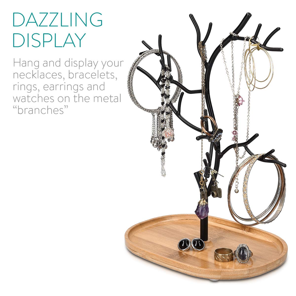 Arbre Présentoir à Bijoux - Porte-Bijoux Design Range Collier Bracelet Bague Boucle d'Oreille - Support Arbre en Métal avec Socle Bambou - 3