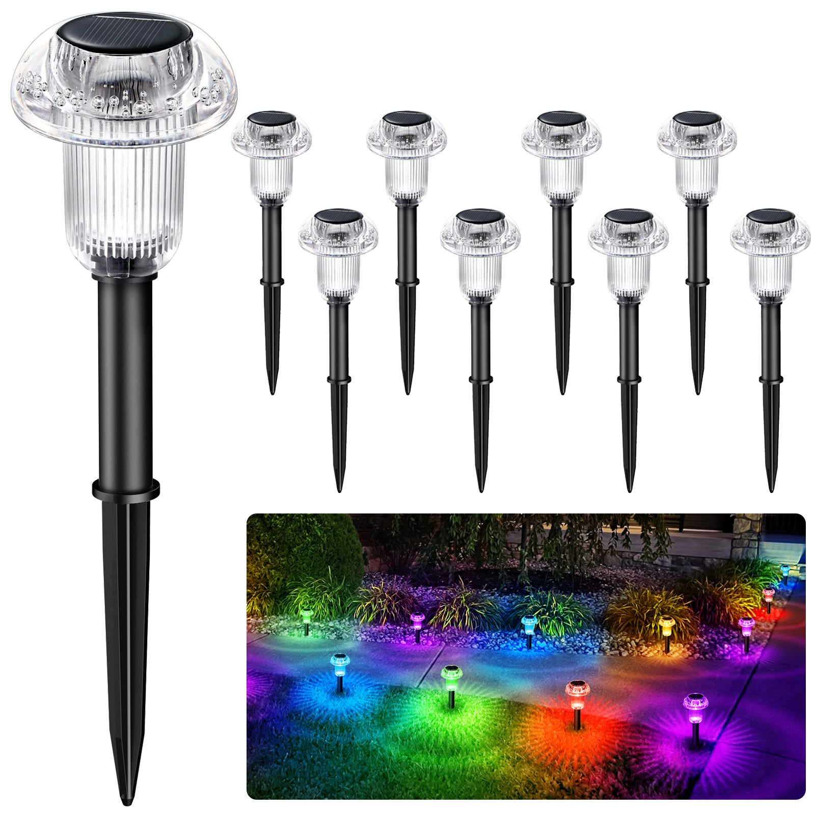 Zestaw 8 wodoodpornych lamp solarnych zewnętrznych, lampy solarne na słupkach, lampy ścieżkowe, lampa solarna LED w kształcie grzyba, RGB