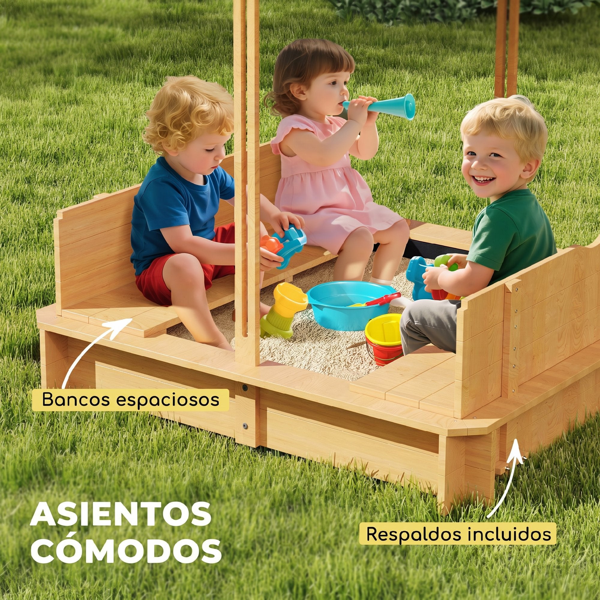 Caixa de Areia para Crianças Outsunny Madeira de abeto e Poliéster Natural, verde e branco 106x106x121cm - 8